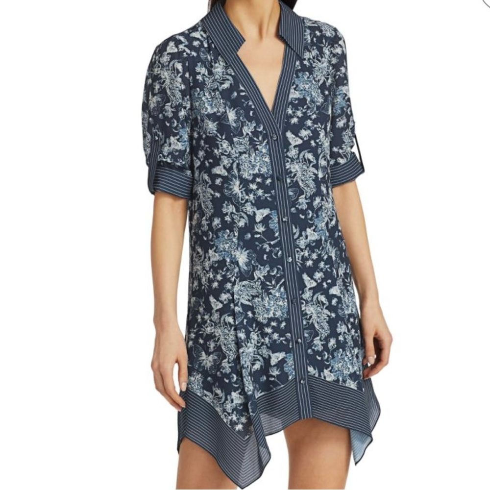 Alice + Olivia Connor Roll Handkerchief Shirtdress Blue/White Size M